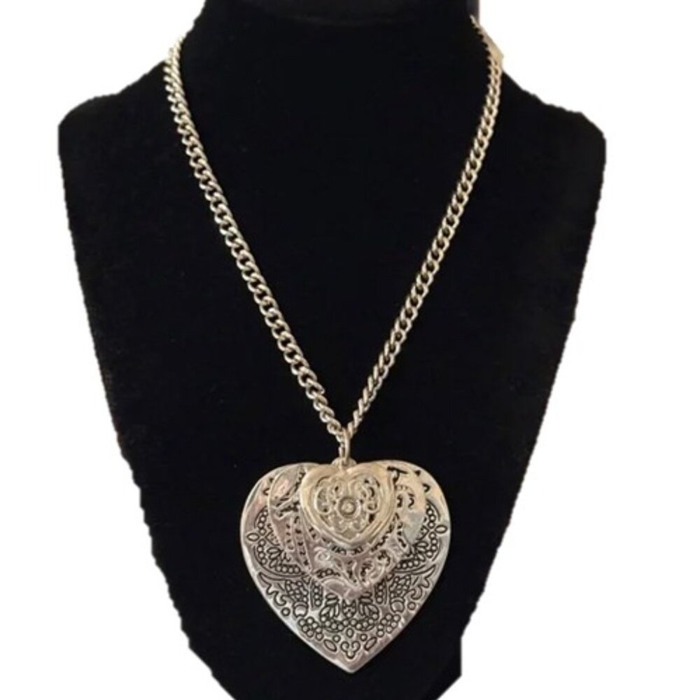 Large Silver Tone Triple Heart Pendant Necklace Boho Statement